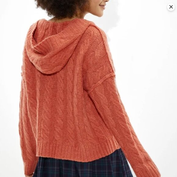 American Eagle Coral V-neck Chunky Knit Hooded Pullover Sweater Women's Large - Picture 3 of 4